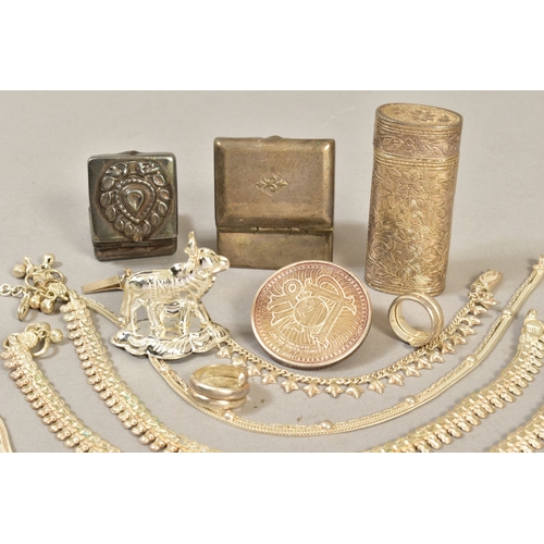 113 - A COLLECTION OF 20TH CENTURY INDIAN WHITE METAL JEWELLERY, PILL BOXES, etc including a circular meda... 