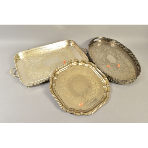 120 - TWO SILVER PLATED GALLERY TRAYS, another tray and a mid to late 20th Century card cased canteen of c... 