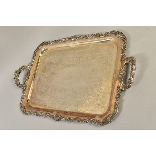 122 - A COMMUNITY PLATE 'ASCOT' TWIN HANDLED TRAY OF RECTANGULAR FORM, foliate edge and handles with raise... 