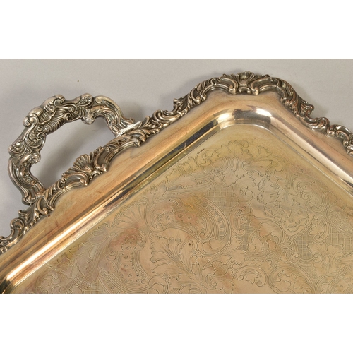 122 - A COMMUNITY PLATE 'ASCOT' TWIN HANDLED TRAY OF RECTANGULAR FORM, foliate edge and handles with raise... 