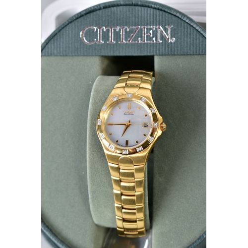 131 - A NUMBER OF BOXED WRISTWATCHES, to include a gold plated and mother of pearl dial Citizen Eco drive,... 