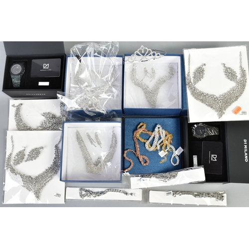 135 - A BOX OF COSTUME JEWELLERY, to include three necklaces, a white, yellow and rose coloured fancy link... 