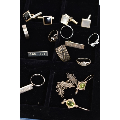 154 - A TRAY OF ITEMS, to include a silver ambulance medal with engraved details and silver hallmark for B... 