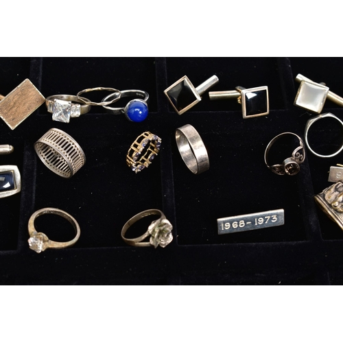 154 - A TRAY OF ITEMS, to include a silver ambulance medal with engraved details and silver hallmark for B... 