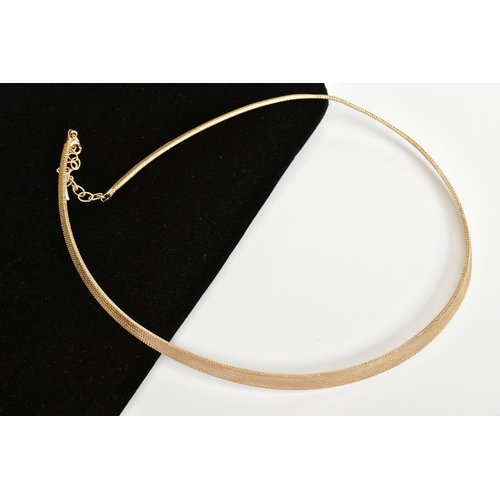 164 - AN 18CT GOLD NECKLACE, of herringbone design to the lobster claw clasp and adjustable chain, with an... 