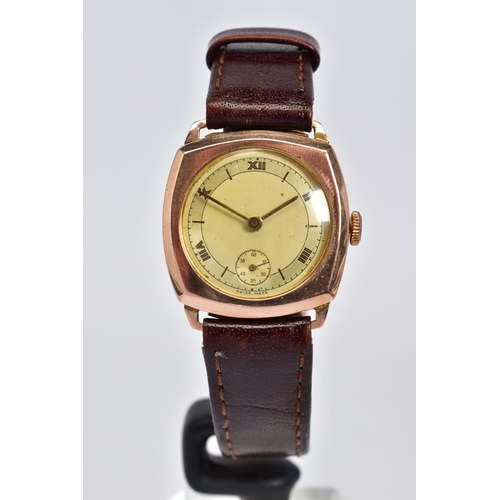 170 - A 9CT GOLD HAND WOUND WRISTWATCH, cream dial with five Roman numeral markers and a subsidiary dial a... 