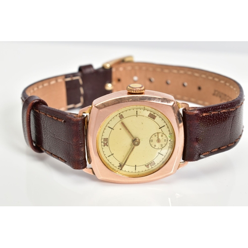 170 - A 9CT GOLD HAND WOUND WRISTWATCH, cream dial with five Roman numeral markers and a subsidiary dial a... 