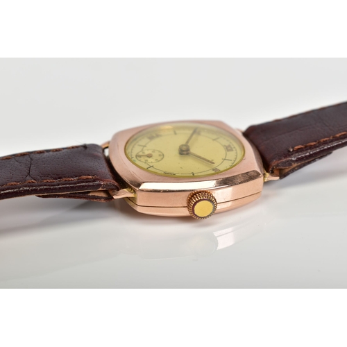 170 - A 9CT GOLD HAND WOUND WRISTWATCH, cream dial with five Roman numeral markers and a subsidiary dial a... 