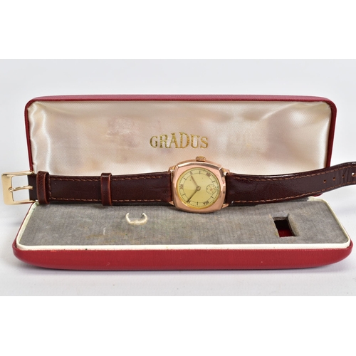 170 - A 9CT GOLD HAND WOUND WRISTWATCH, cream dial with five Roman numeral markers and a subsidiary dial a... 