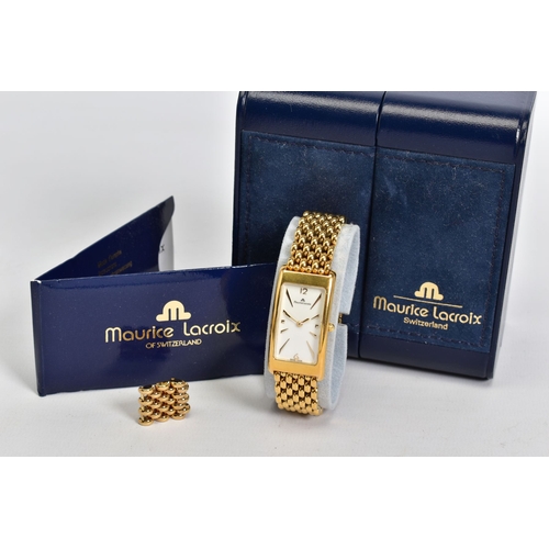 172 - A GOLD PLATED MAURICE LACRIOX WRISTWATCH AND BOX, white dial with baton and Arabic numeral markers, ... 