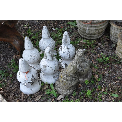 1019 - A SET OF SEVEN COMPOSITE GATE POST FINIALS, 20cm diameter x 35cm high (some losses)