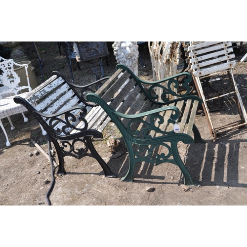 1002 - A NEAR PAIR OF MODERN CAST METAL GARDEN CHAIRS, one painted black with white painted slats the other... 