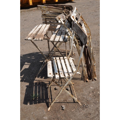 1003 - A SET OF SEVEN DISTRESSED VINTAGE BAND STAND CHAIRS, and matching folding table, 52cm x 54cm x 73cm ... 