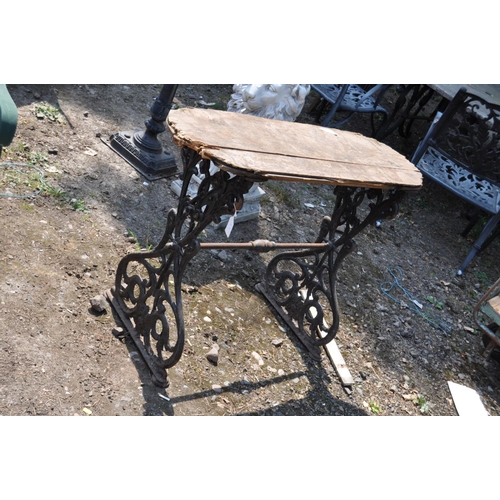 1004 - A VICTORIAN CAST IRON OBLONG TABLE, with later floor board top, 102cm x 34cm x 76cm high