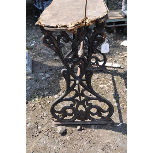 1004 - A VICTORIAN CAST IRON OBLONG TABLE, with later floor board top, 102cm x 34cm x 76cm high