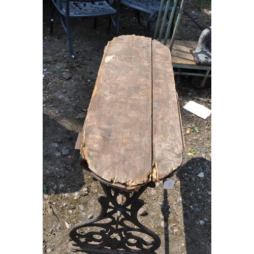 1004 - A VICTORIAN CAST IRON OBLONG TABLE, with later floor board top, 102cm x 34cm x 76cm high