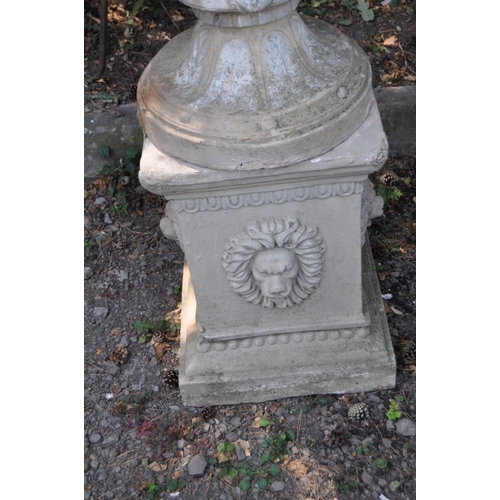 1009 - A LARGE COMPOSITE THREE PIECE GARDEN URN ON STAND, with foliate and hunting scene detail to body of ... 