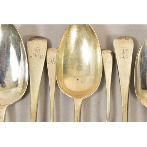 102 - A QUANTITY OF OLD ENGISH PATTERN SILVER FLATWARE, assorted dates and makers, including three George ... 