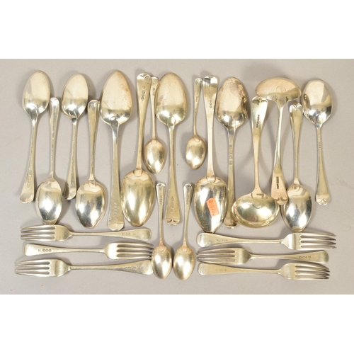 102 - A QUANTITY OF OLD ENGISH PATTERN SILVER FLATWARE, assorted dates and makers, including three George ... 