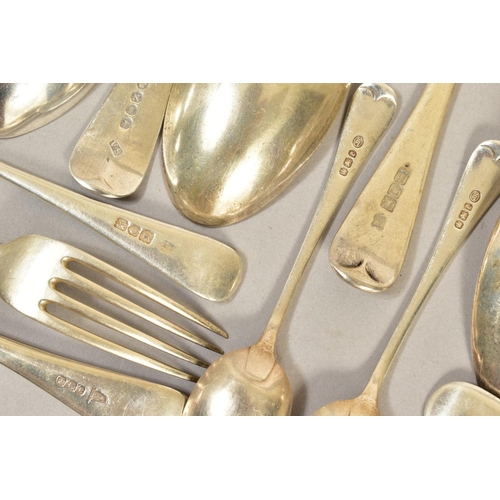 102 - A QUANTITY OF OLD ENGISH PATTERN SILVER FLATWARE, assorted dates and makers, including three George ... 