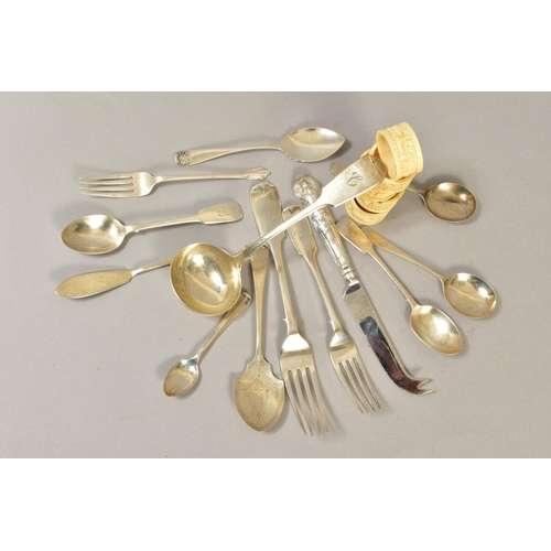 103 - A SMALL QUANTITY OF ASSORTED SILVER FLATWARE, including a late Victorian Fiddle pattern sauce ladle,... 