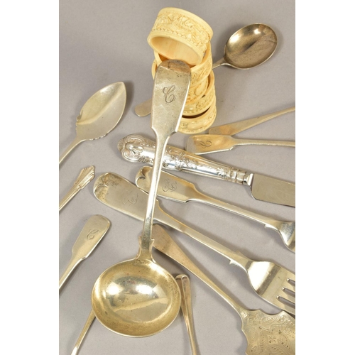 103 - A SMALL QUANTITY OF ASSORTED SILVER FLATWARE, including a late Victorian Fiddle pattern sauce ladle,... 