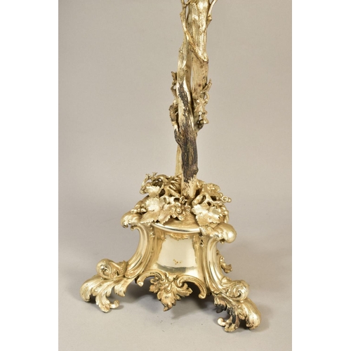 107 - A VICTORIAN ELKINGTON PLATE SIX LIGHT CANDELABRUM, cast with fruiting vine on a entwined trunk stem,... 