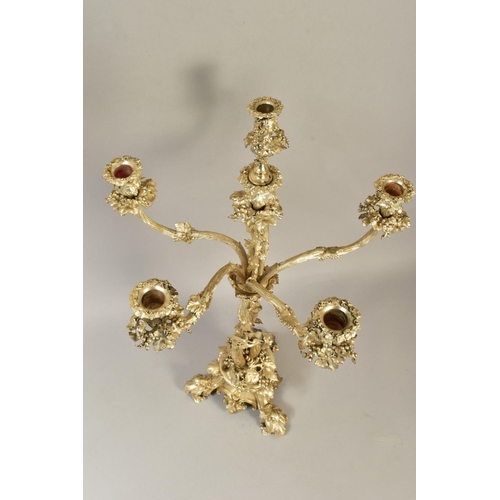 107 - A VICTORIAN ELKINGTON PLATE SIX LIGHT CANDELABRUM, cast with fruiting vine on a entwined trunk stem,... 