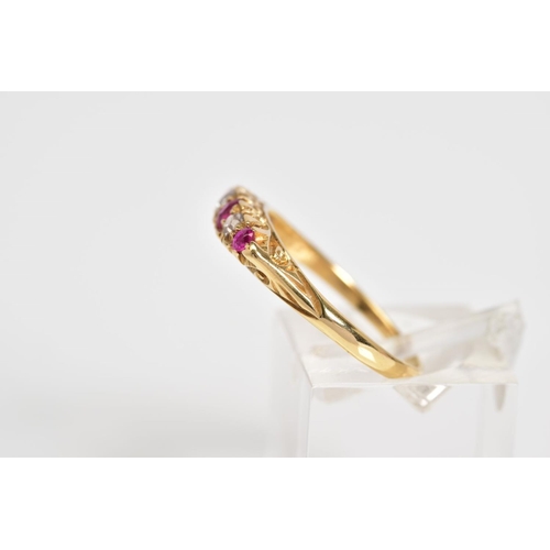 11 - AN EARLY 20TH CENTURY 18CT GOLD RUBY AND DIAMOND RING, designed with three circular cut rubies inter... 