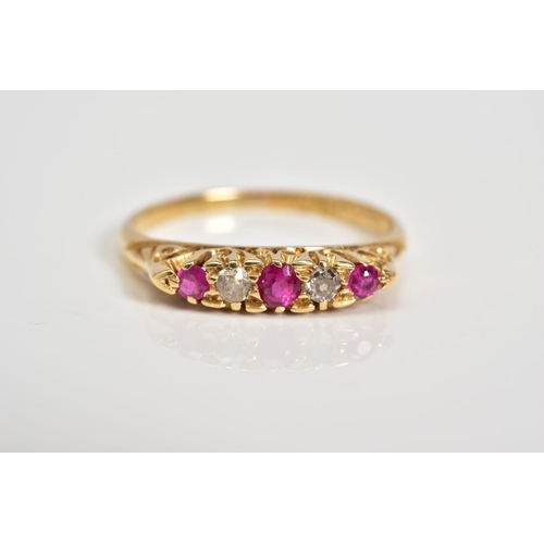 11 - AN EARLY 20TH CENTURY 18CT GOLD RUBY AND DIAMOND RING, designed with three circular cut rubies inter... 