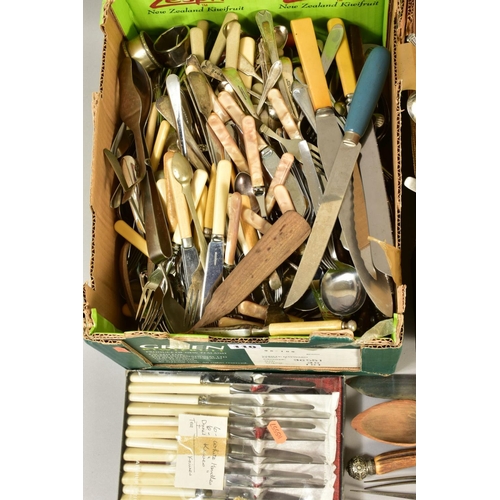 110 - TWO BOXES OF MISCELLANEOUS CUTLERY AND FLATWARE, ETC, including nutcrackers, late Victorian carving ... 