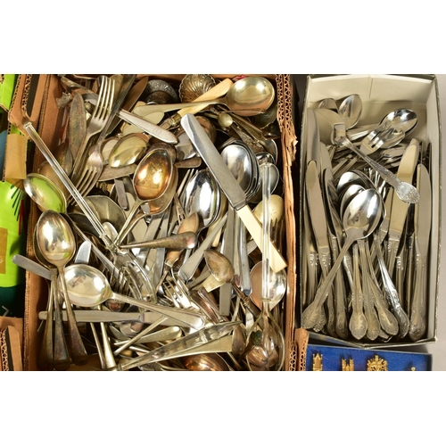 110 - TWO BOXES OF MISCELLANEOUS CUTLERY AND FLATWARE, ETC, including nutcrackers, late Victorian carving ... 