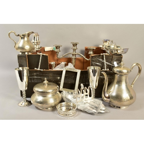 111 - A BOX OF SILVER PLATE, to include a Victorian engine turned three piece coffee service, with caddy/s... 