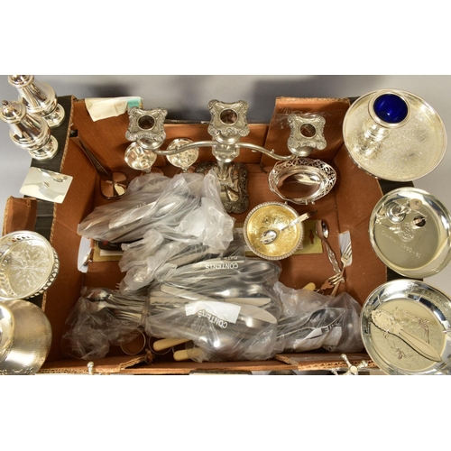 111 - A BOX OF SILVER PLATE, to include a Victorian engine turned three piece coffee service, with caddy/s... 