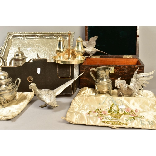 112 - A BOX OF SILVER PLATE, ETC, including a Victorian coromandel workbox, lacks fitted interior, two emb... 