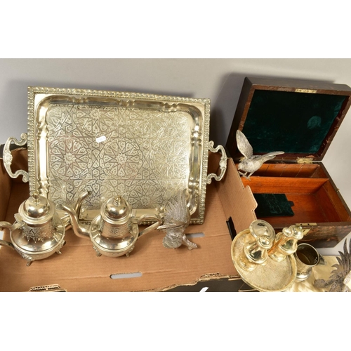 112 - A BOX OF SILVER PLATE, ETC, including a Victorian coromandel workbox, lacks fitted interior, two emb... 