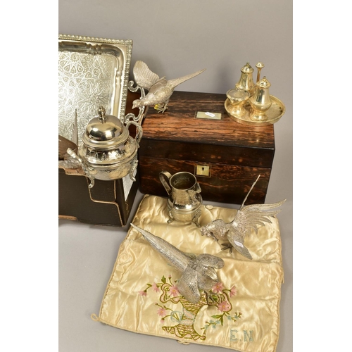 112 - A BOX OF SILVER PLATE, ETC, including a Victorian coromandel workbox, lacks fitted interior, two emb... 