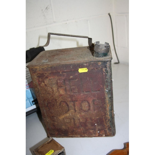 1130 - A VINTAGE SHELL FUEL CAN, with brass shell cap and a tray containing hand tools including scrapers, ... 