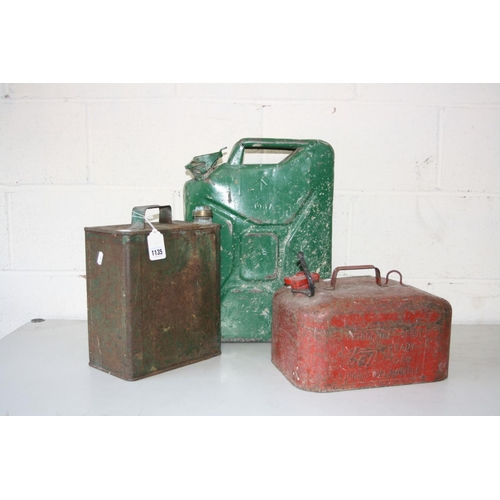 1135 - THREE VINTAGE AND MODERN FUEL CANS, including a battered Jerry can overpainted green, a Bell Ready c... 