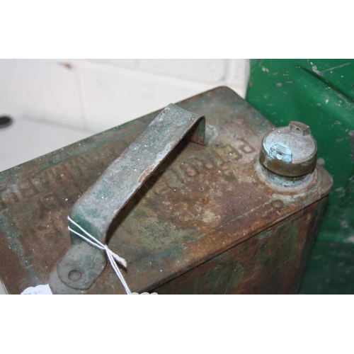 1135 - THREE VINTAGE AND MODERN FUEL CANS, including a battered Jerry can overpainted green, a Bell Ready c... 