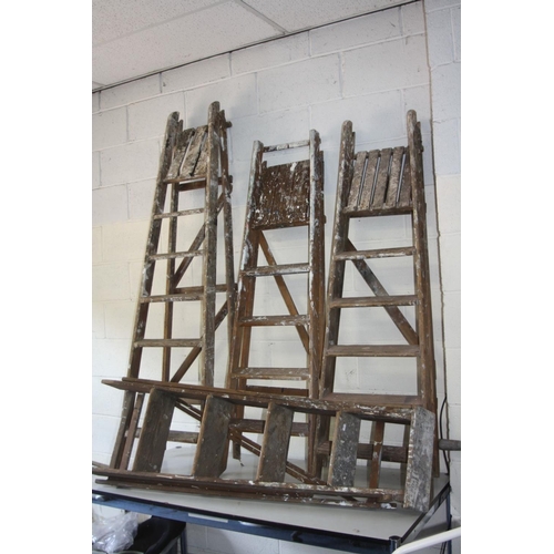 1139 - FOUR VINTAGE WOODEN STEP LADDERS, 2 x 152cm long, 1 x 141cm long and 1 x 185cm long