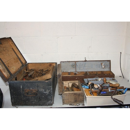 1141 - TWO VINTAGE WOODEN TOOLBOXES, a plastic toolbox and a tray containing tools, including a bit and bra... 