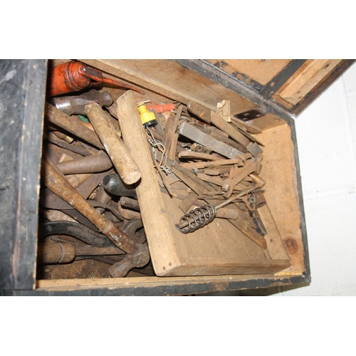 1141 - TWO VINTAGE WOODEN TOOLBOXES, a plastic toolbox and a tray containing tools, including a bit and bra... 