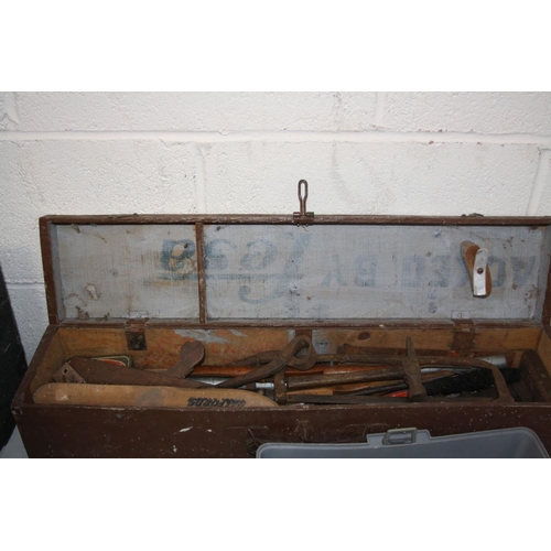 1141 - TWO VINTAGE WOODEN TOOLBOXES, a plastic toolbox and a tray containing tools, including a bit and bra... 