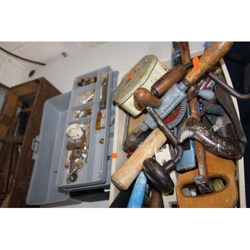 1141 - TWO VINTAGE WOODEN TOOLBOXES, a plastic toolbox and a tray containing tools, including a bit and bra... 