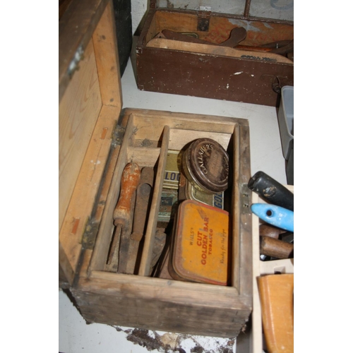 1141 - TWO VINTAGE WOODEN TOOLBOXES, a plastic toolbox and a tray containing tools, including a bit and bra... 