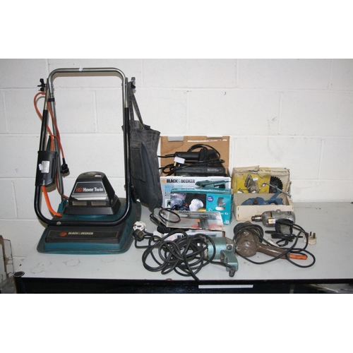 1146 - A COLLECTION OF VINTAGE AND MODERN POWER TOOLS, including a Black & Decker HS1 lawn mower (untested ... 