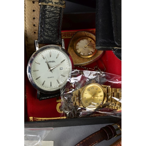 118 - A SELECTION OF WRISTWATCHES AND ITEMS, to include a Rotary watch case, an Auriol wristwatch, a ladie... 