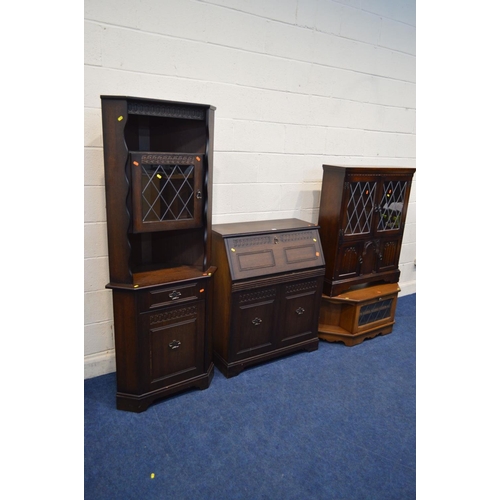 1206 - A MODERN OAK FALL FRONT BUREAU and a matching corner unit, together with an oak corner TV stand and ... 