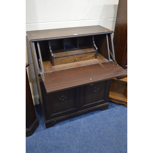 1206 - A MODERN OAK FALL FRONT BUREAU and a matching corner unit, together with an oak corner TV stand and ... 